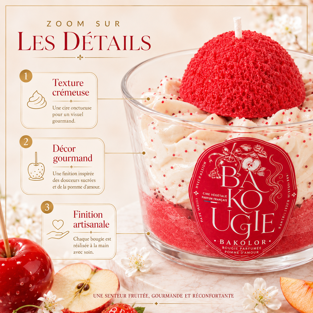 Détails et finition artisanale de la bougie parfumée pomme d'amour « Bakolor »