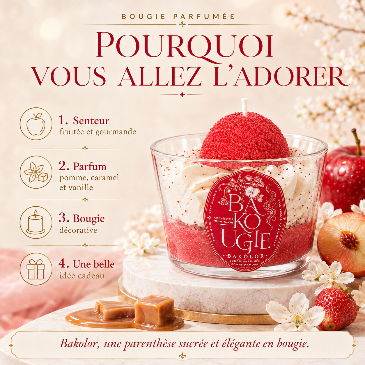Bougie décorative « Bakolor » au parfum pomme d'amour, idée cadeau artisanale Bakougie