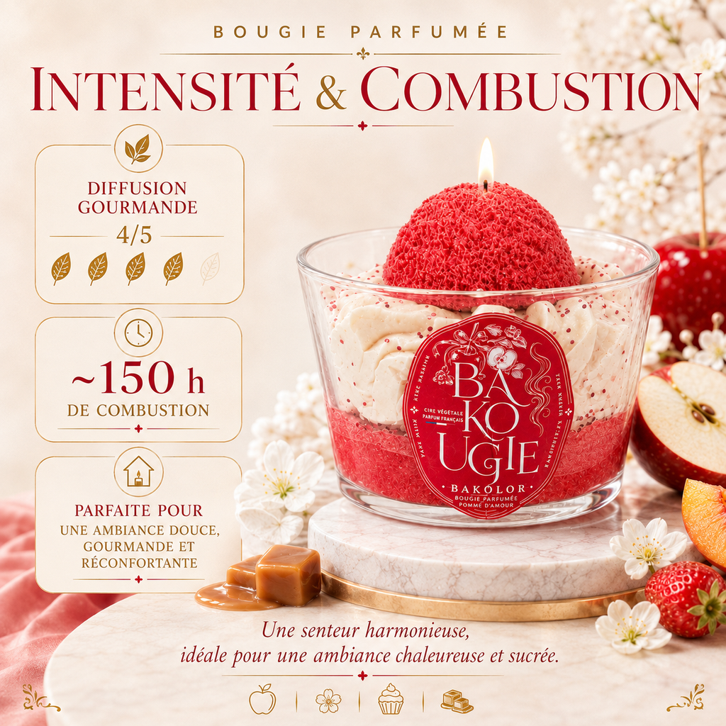 Intensité et diffusion du parfum de la bougie pomme d'amour « Bakolor »