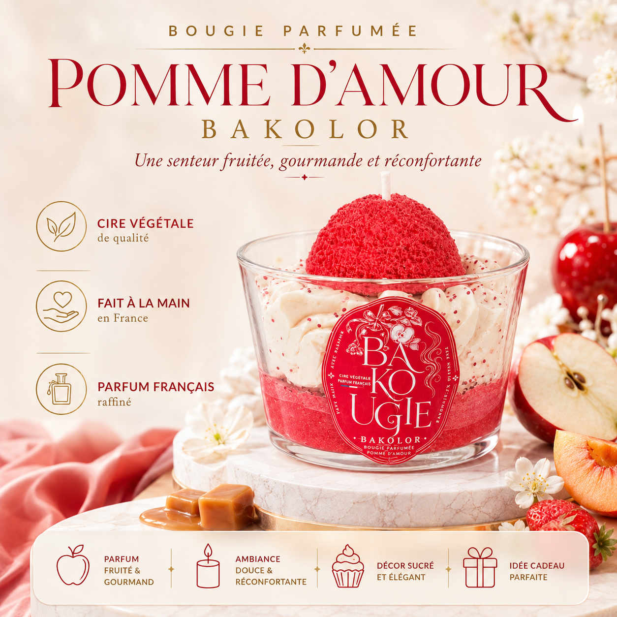 Présentation de la bougie parfumée pomme d'amour « Bakolor », fabriquée à la main en France