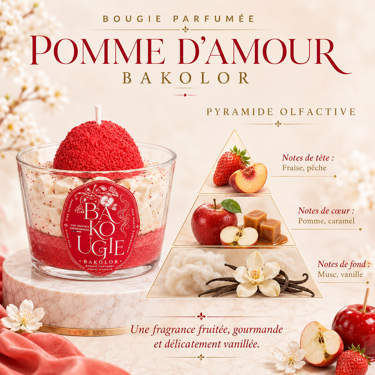 Pyramide olfactive de la bougie pomme d'amour « Bakolor » : notes de tête, de cœur et de fond