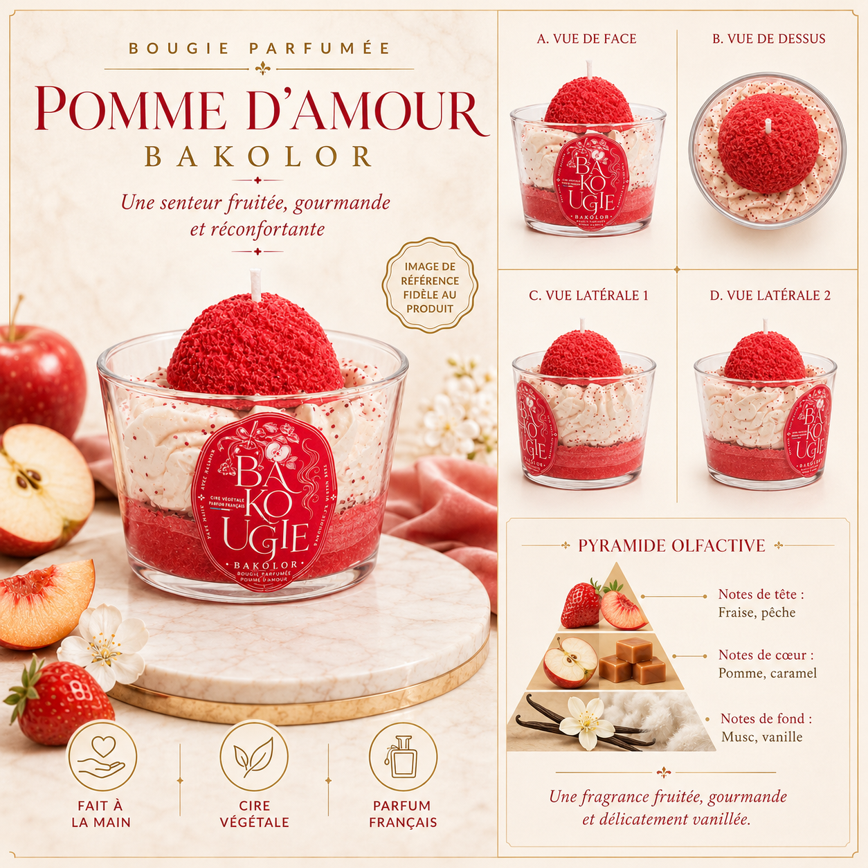 Bougie parfumée pomme d'amour « Bakolor » vue de face, de dessus et de côté