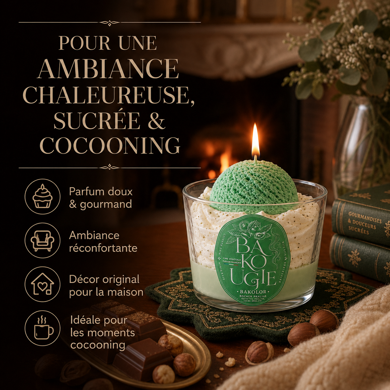 Bougie parfumée rocher praliné « Bakolor » mise en scène dans une ambiance décorative