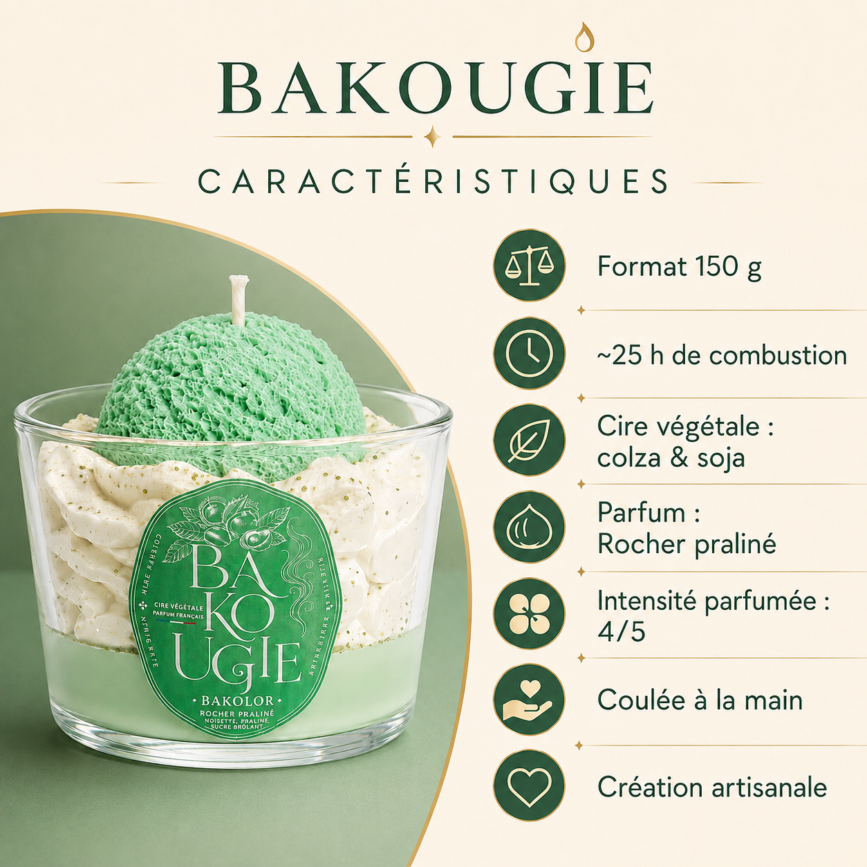 Caractéristiques de la bougie parfumée rocher praliné « Bakolor » en cire végétale