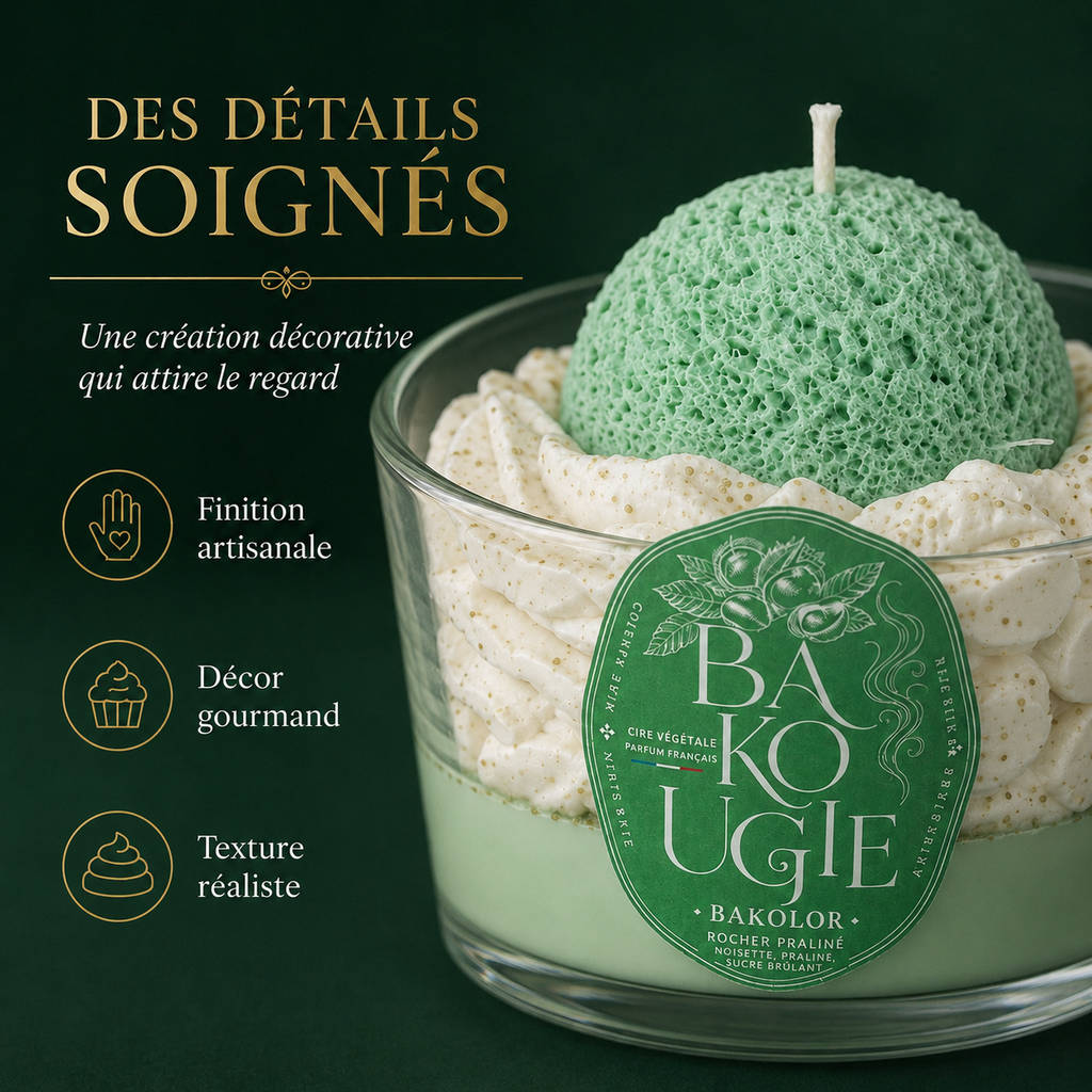 Détails et finition artisanale de la bougie parfumée rocher praliné « Bakolor »