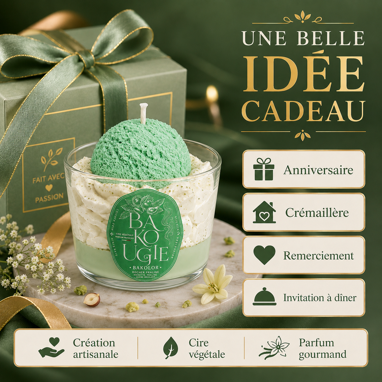 Bougie décorative « Bakolor » au parfum rocher praliné, idée cadeau artisanale Bakougie