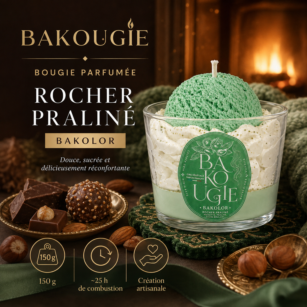 Présentation de la bougie parfumée rocher praliné « Bakolor », fabriquée à la main en France