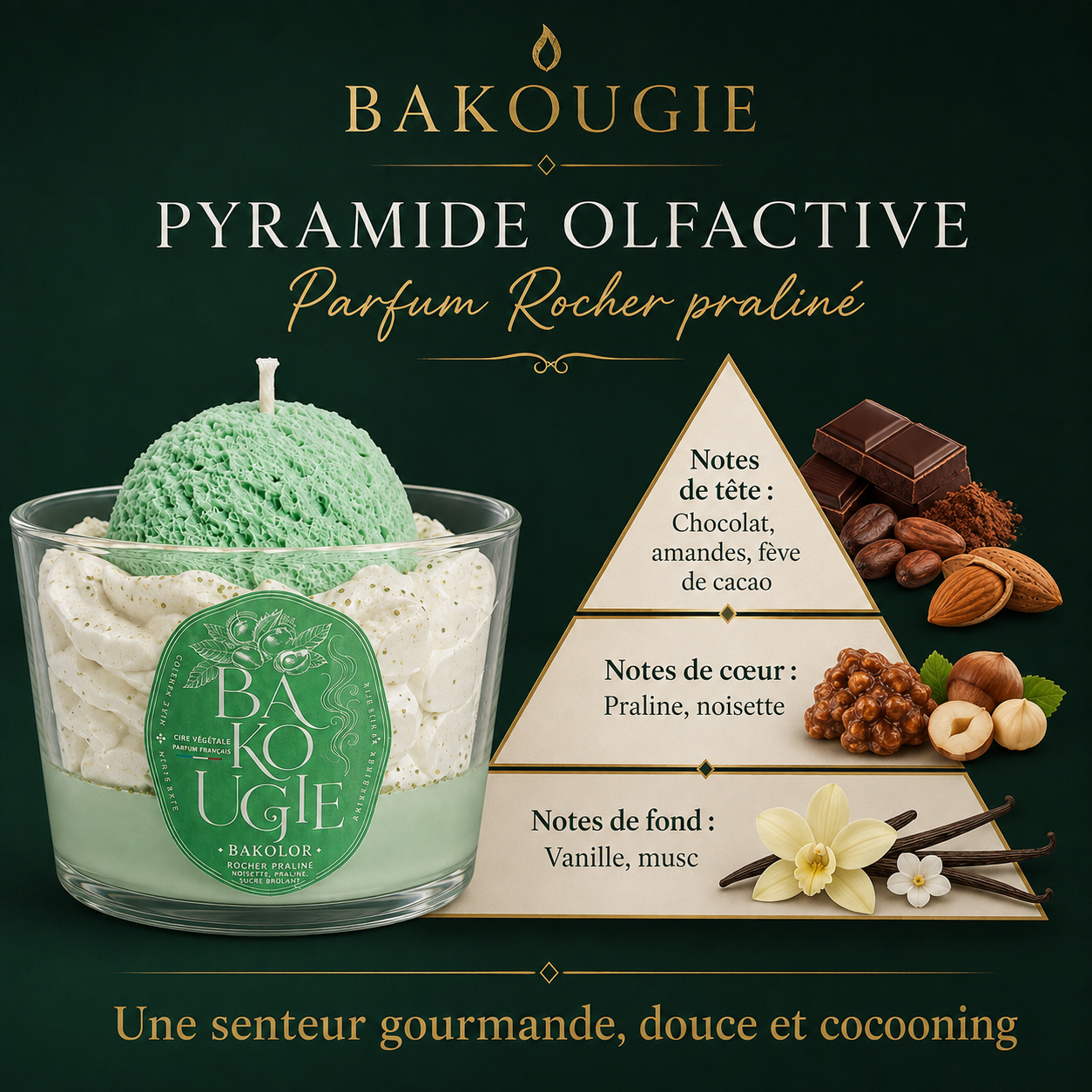 Pyramide olfactive de la bougie rocher praliné « Bakolor » : notes de tête, de cœur et de fond