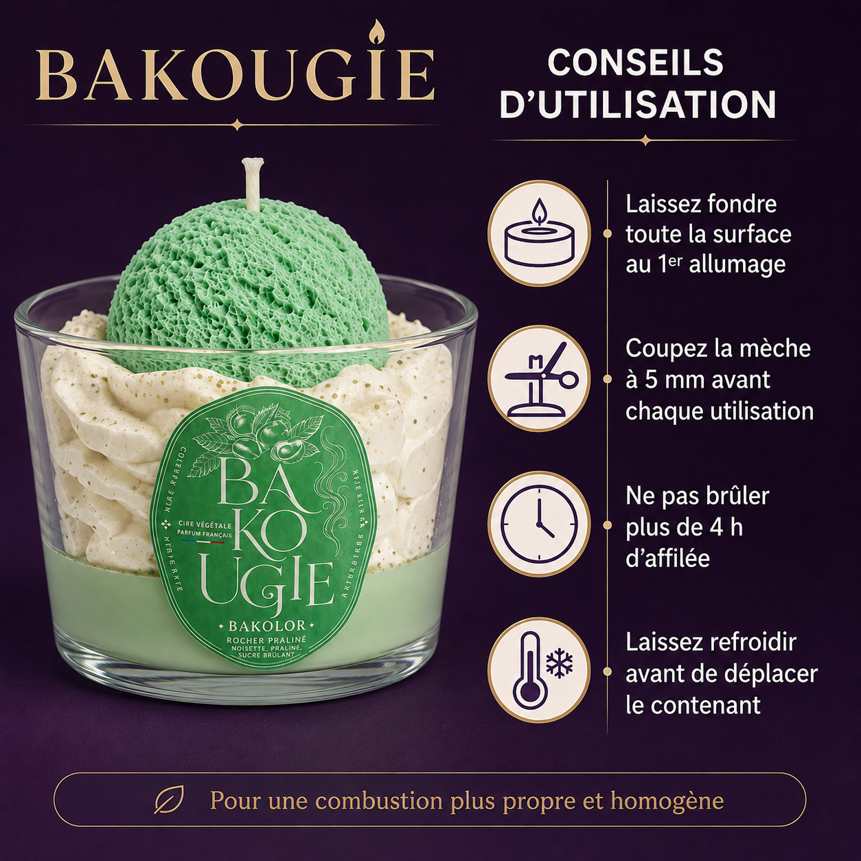Conseils d'utilisation et d'entretien pour la bougie parfumée rocher praliné « Bakolor »