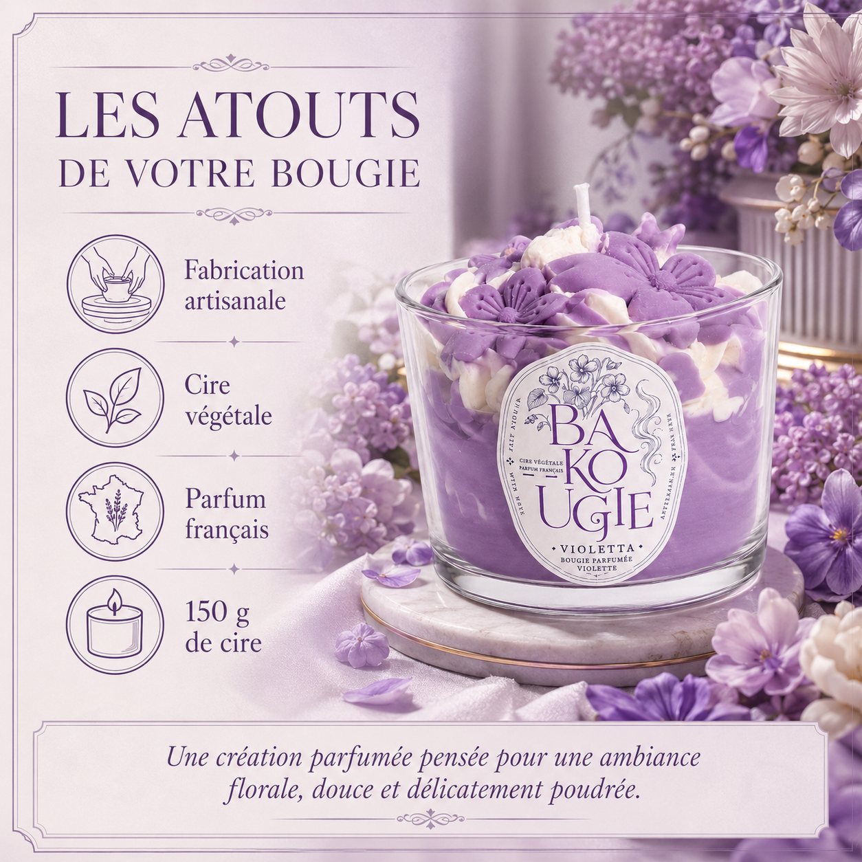 Atouts de la bougie parfumée violette « Violetta » : cire végétale et fabrication artisanale