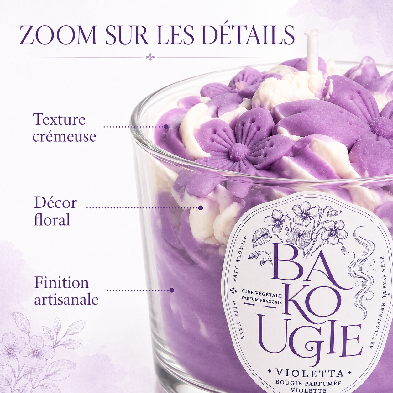 Détails et finition artisanale de la bougie parfumée violette « Violetta »