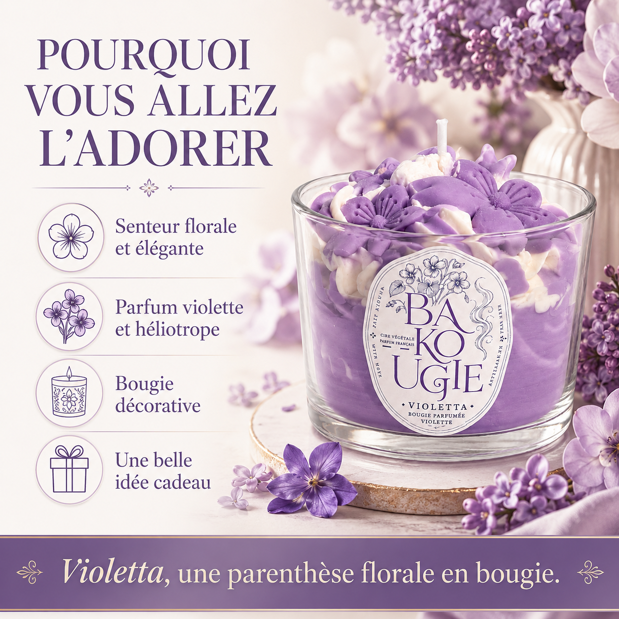Bougie décorative « Violetta » au parfum violette, idée cadeau artisanale Bakougie