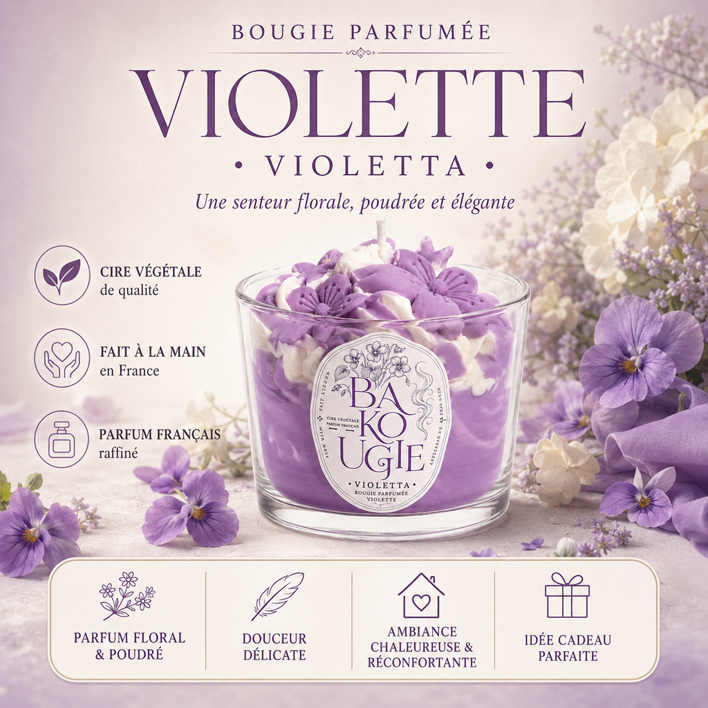 Présentation de la bougie parfumée violette « Violetta », fabriquée à la main en France