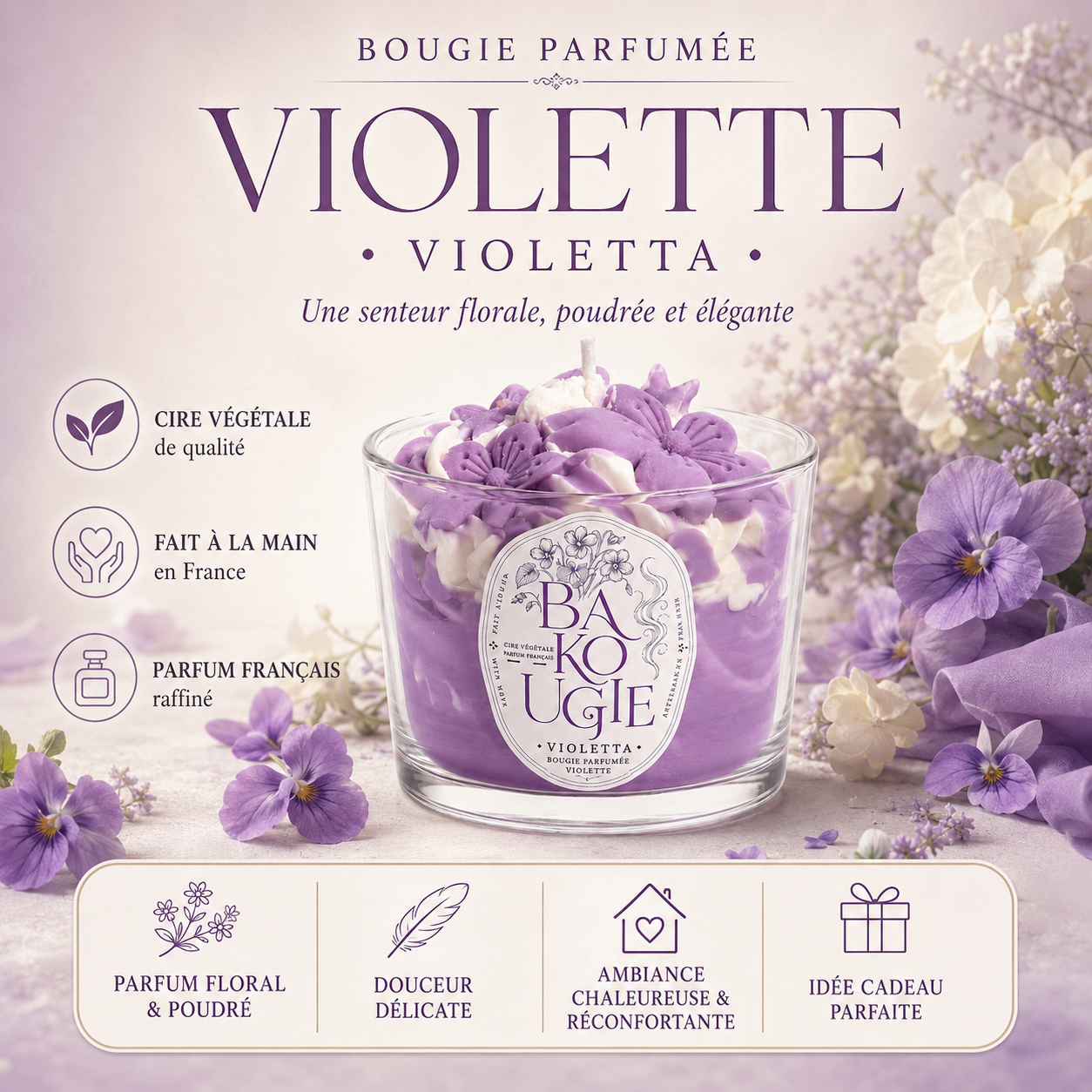 Présentation de la bougie parfumée violette « Violetta », fabriquée à la main en France