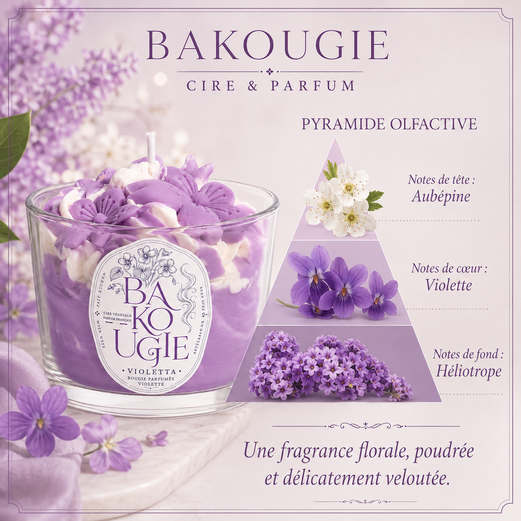 Pyramide olfactive de la bougie violette « Violetta » : notes de tête, de cœur et de fond