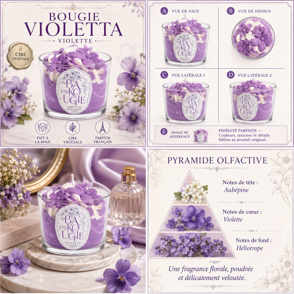 Bougie parfumée violette « Violetta » vue de face, de dessus et de côté