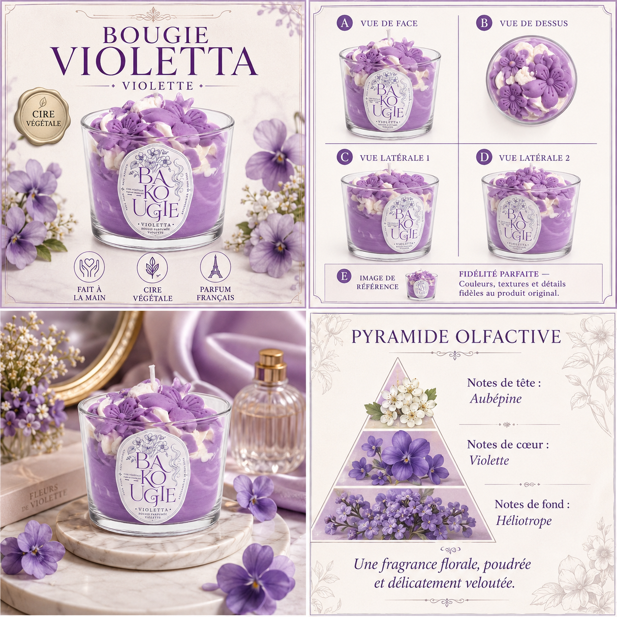 Bougie parfumée violette « Violetta » vue de face, de dessus et de côté