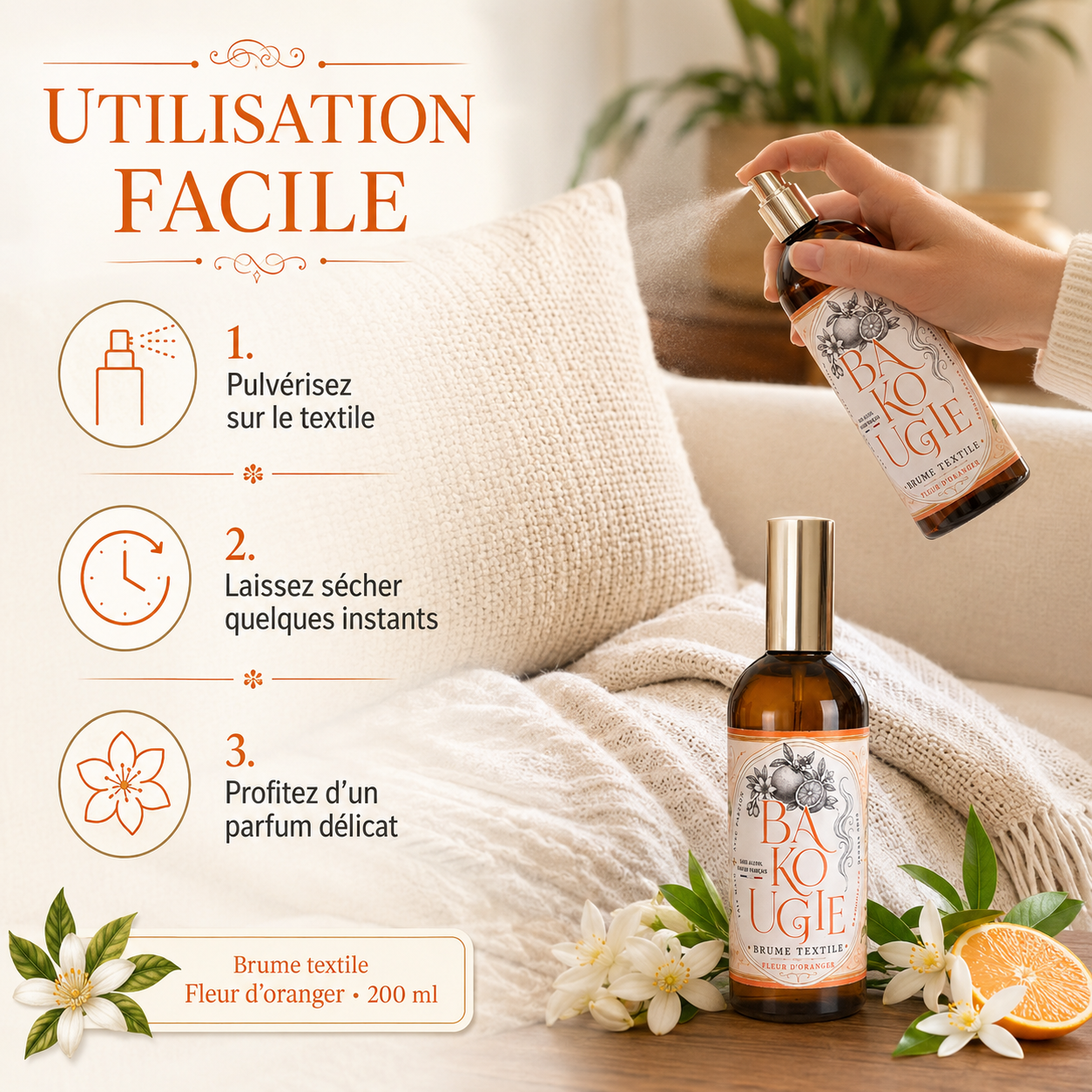 Brume textile Fleur d’oranger 200 ml sans alcool Bakougie — vue complémentaire 3