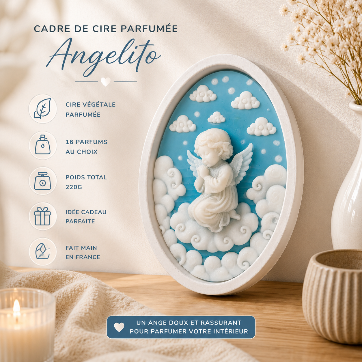 Cadre parfumé Angelito fixé au mur, dimensions 18 × 13,5 cm