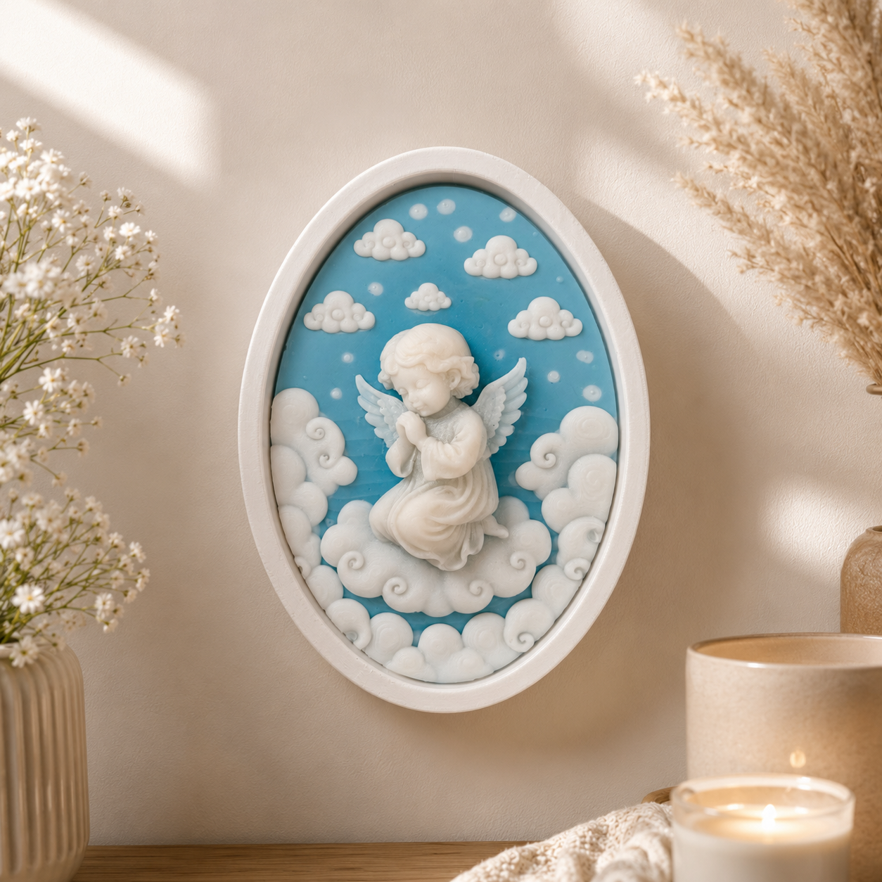 Cadre de cire parfumée Angelito sur socle, motif ange blanc et nuages bleus