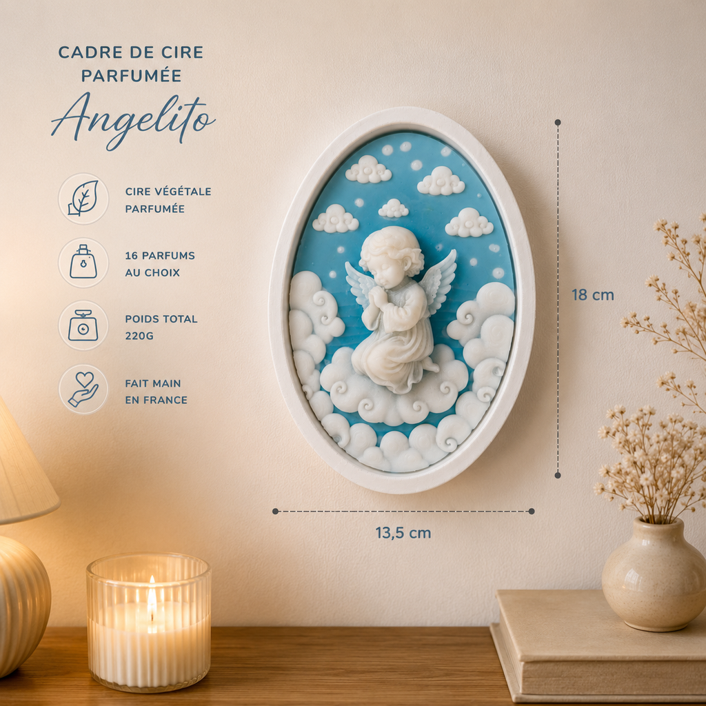 Cadre parfumé Angelito en situation avec dimensions, détails et 16 parfums disponibles