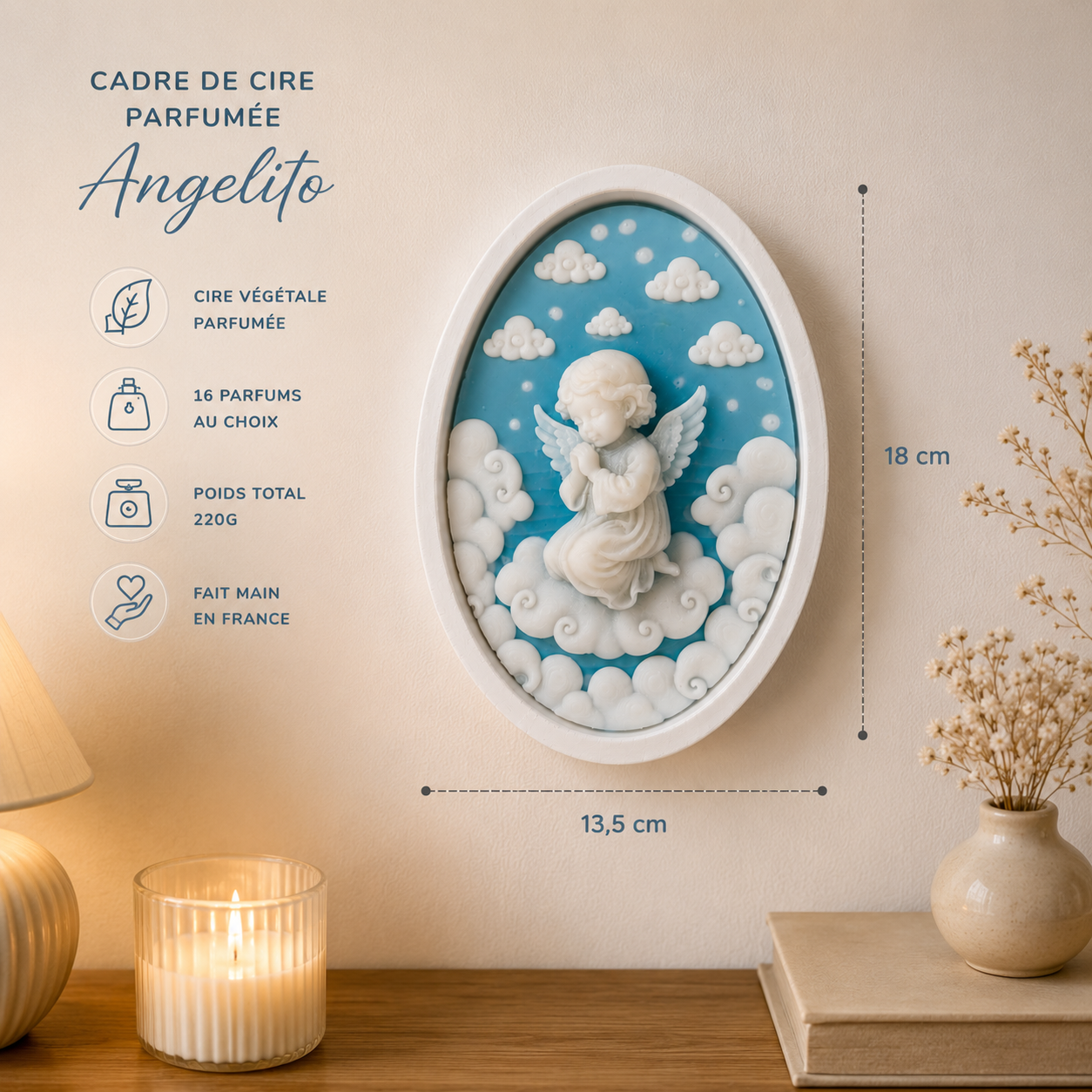 Cadre parfumé Angelito en situation avec dimensions, détails et 16 parfums disponibles