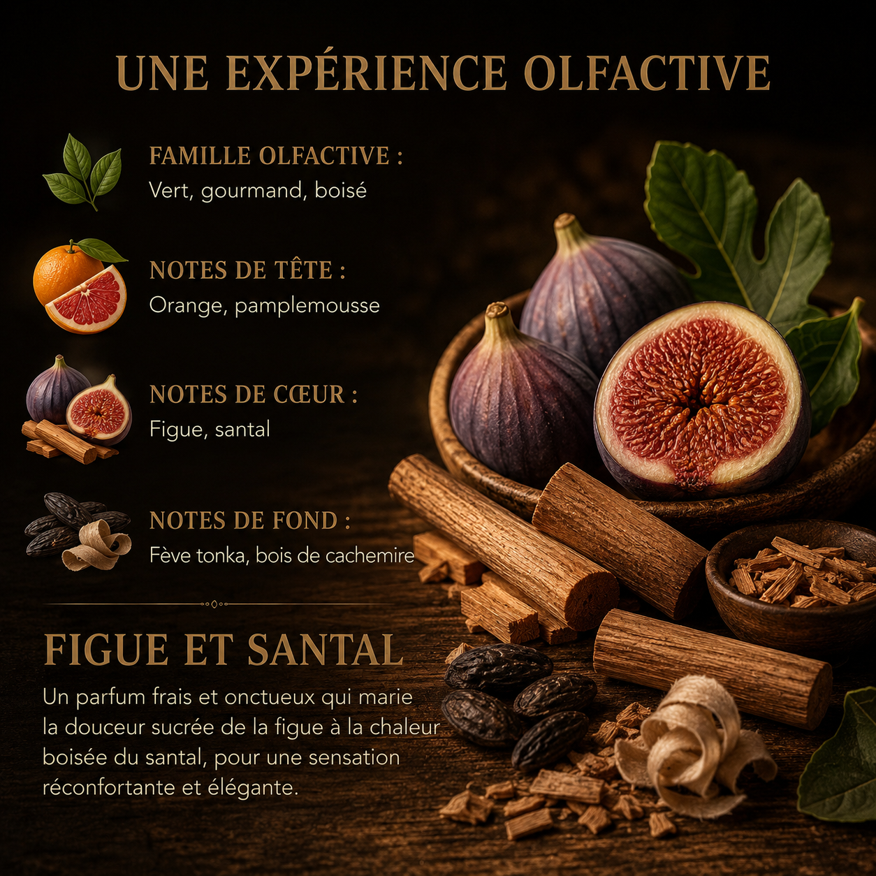 Fondant artisanal Figue et Santal senteur chaleureuse et raffinée parfum maison fruité boisé wax melt premium