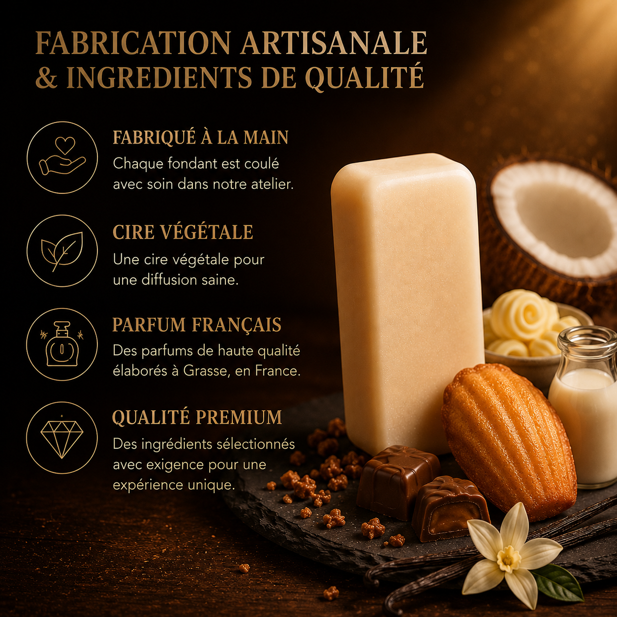 Fondant parfumé artisanal Madeleine Gourmande parfum de Grasse cire végétale premium