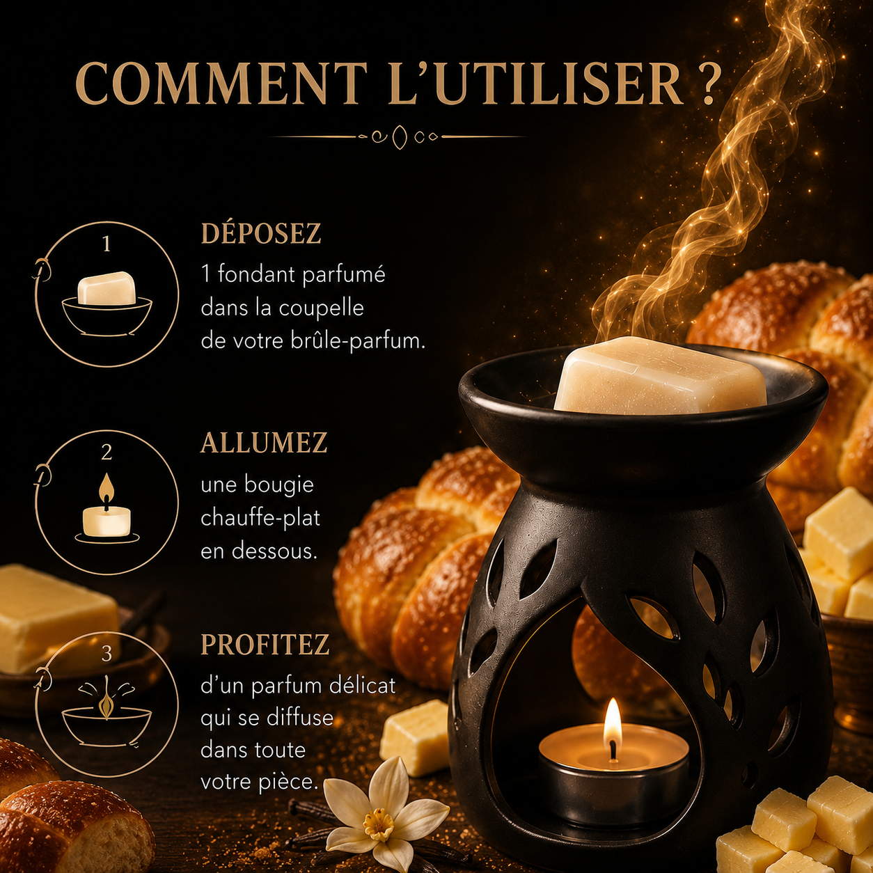 Fondant cire brioche vanille caramel parfum gourmand maison cire fondante artisanale longue diffusion