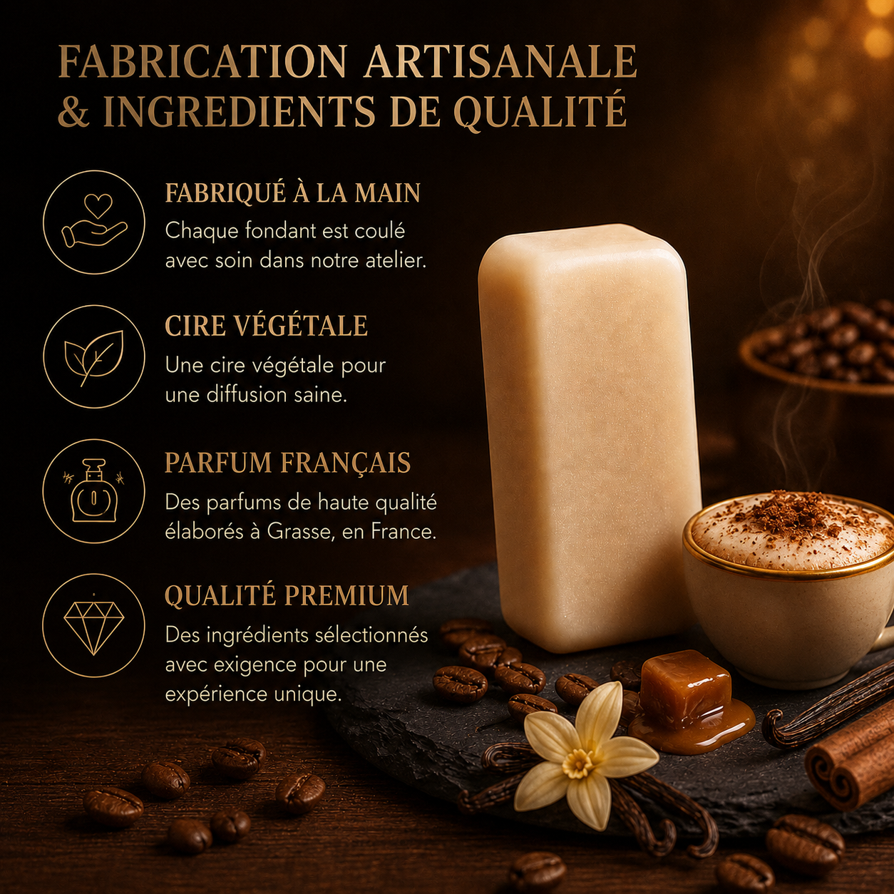 Fondant cire cappuccino caramel vanille parfum gourmand intense cire végétale parfum intérieur café sucré