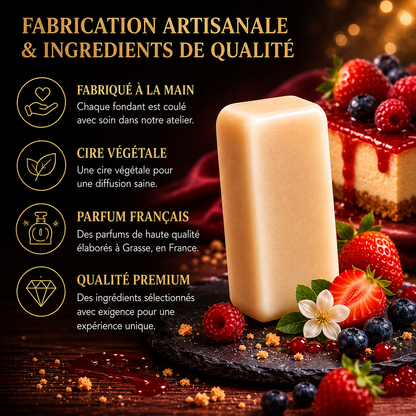 Fondant cire parfumée cheesecake fruits rouges style gourmand luxe avec parfum sucré et ambiance cocooning