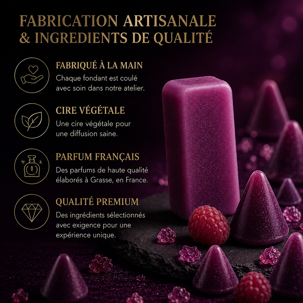 Fondant cire parfumée Cuberdon gourmand aux notes de framboise banane pêche et vanille longue diffusion
