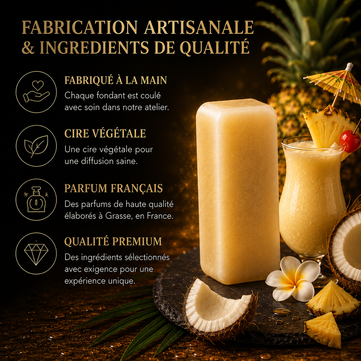 Fondant cire parfumée Piña Colada parfum gourmand exotique ananas coco cire végétale parfum maison tropical