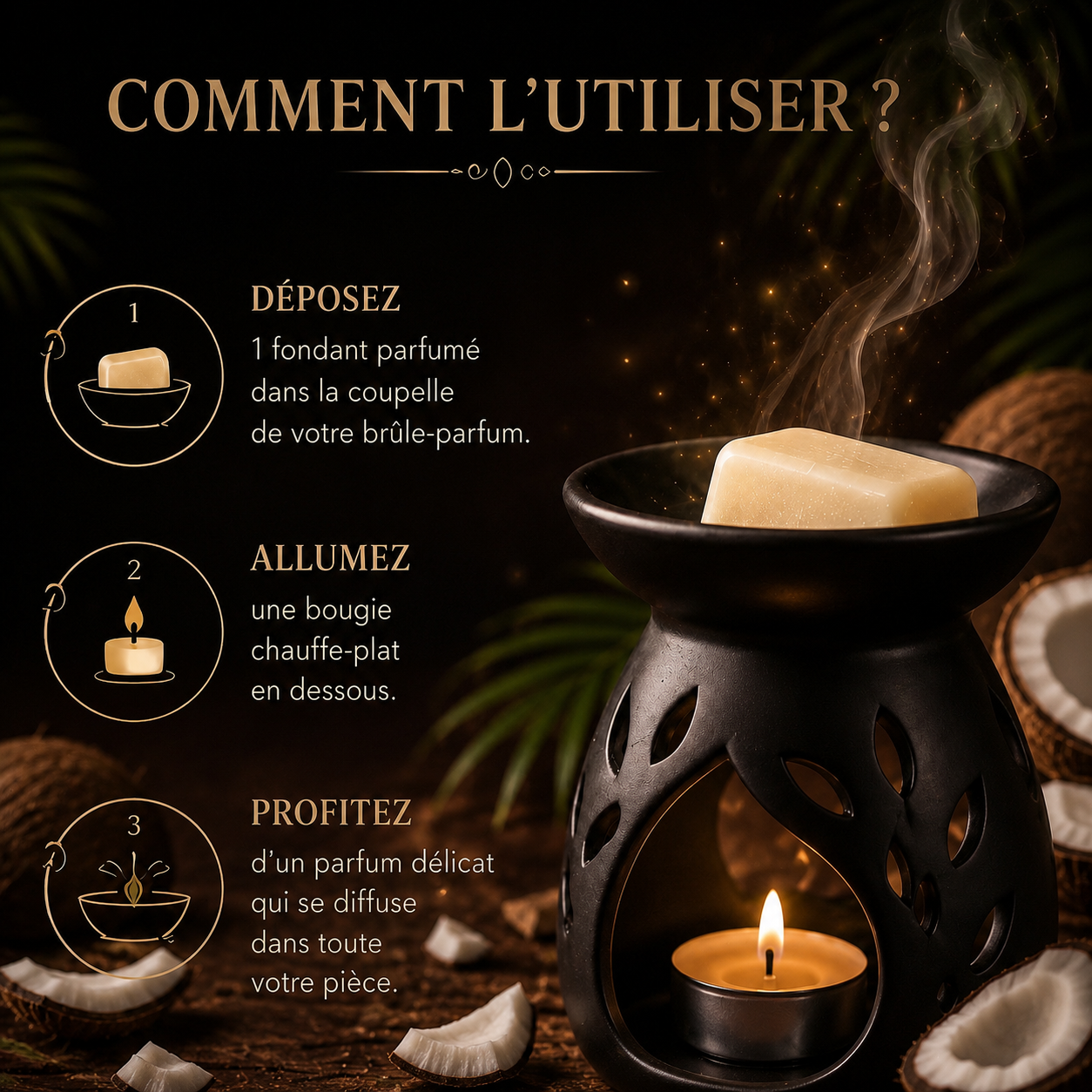 Fondant coco artisanal parfum de Grasse cire végétale fondant parfumé tropical longue diffusion maison