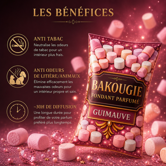 Fondant parfumé guimauve anti odeur Bakougie, cire parfumée gourmande pour maison, diffusion longue durée 30h