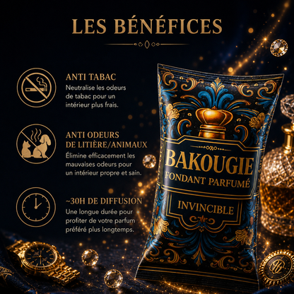 Fondant parfumé Invincible anti odeur Bakougie, cire parfumée artisanale masculine pour intérieur élégant et raffiné