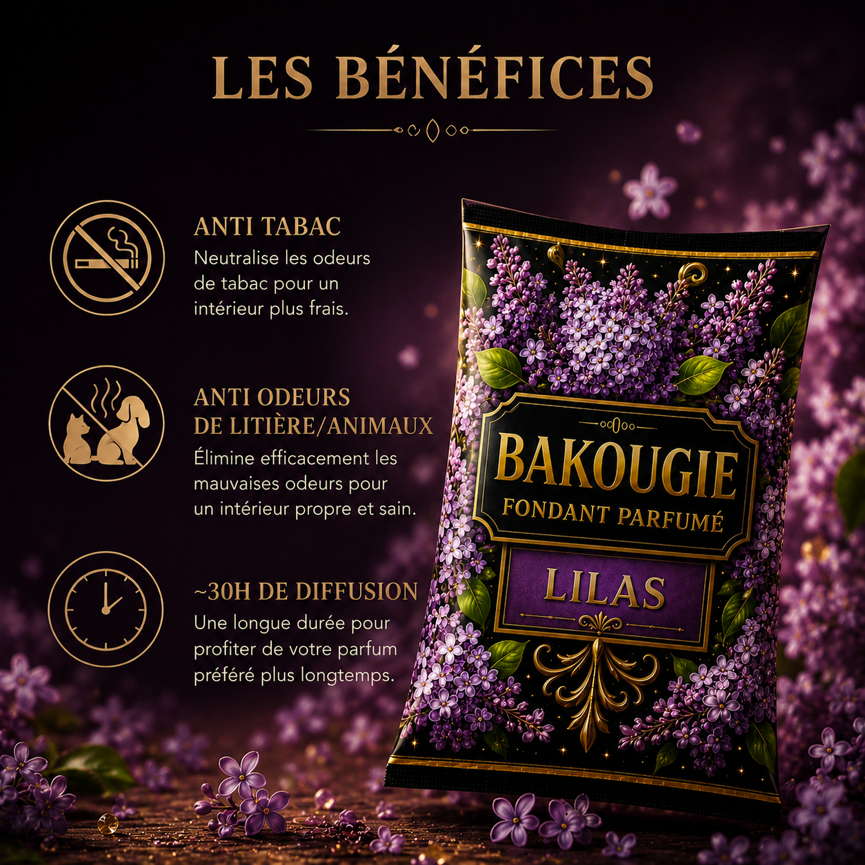 Fondant parfumé lilas anti odeur Bakougie pour intérieur parfumé longue diffusion senteur fleurie et relaxante