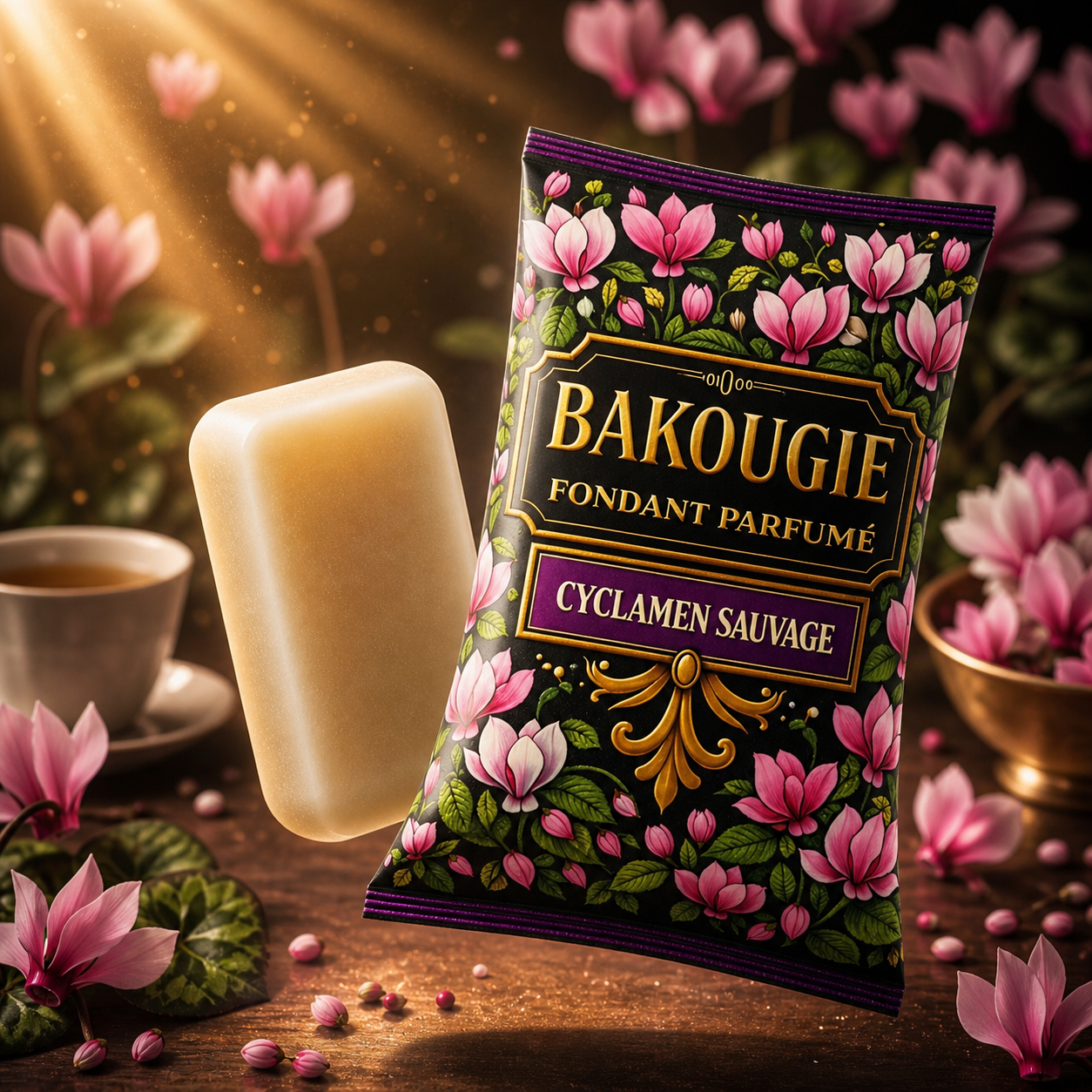 Fondant parfumé cyclamen sauvage Bakougie cire végétale parfum floral marin pour brûleur et ambiance maison relaxante