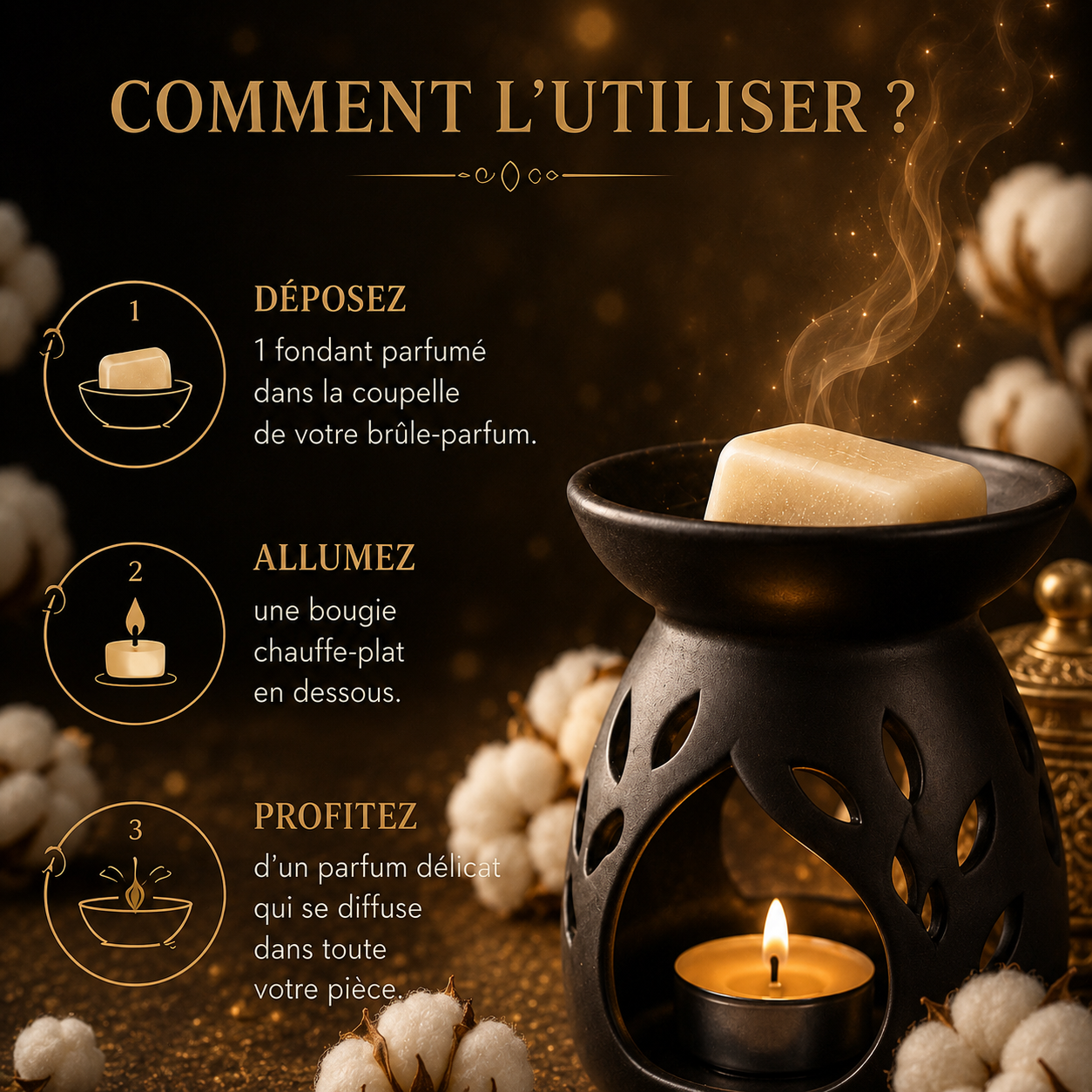 Fondant parfumé Fleur de coton Bakonette Bakougie utilisé avec un brûle-parfum