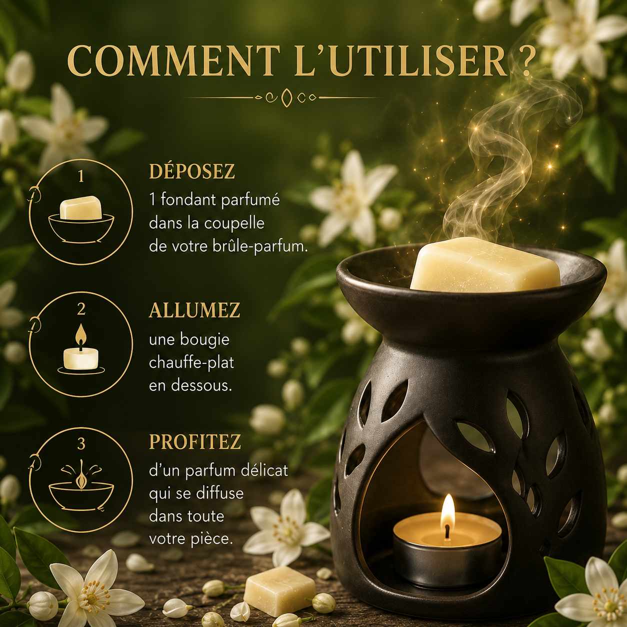Fondant parfumé Fleur d’oranger Bakonette Bakougie utilisé avec un brûle-parfum