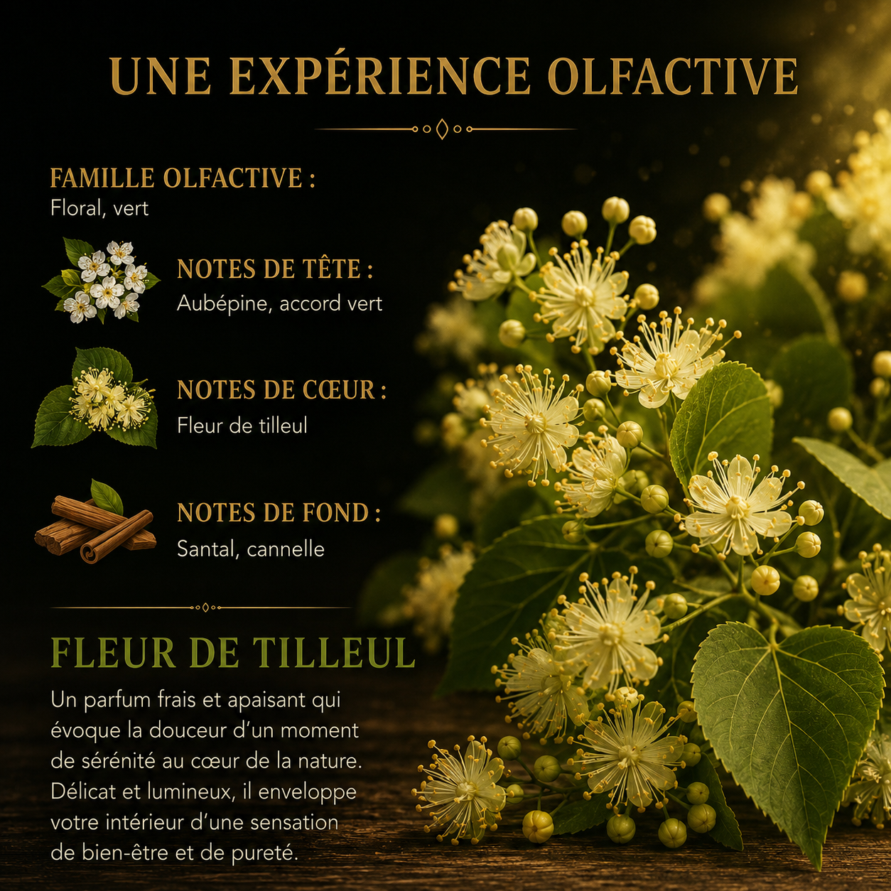 Fondant parfumé floral vert wax melt premium aux notes de fleur de tilleul aubépine santal et cannelle pour intérieur