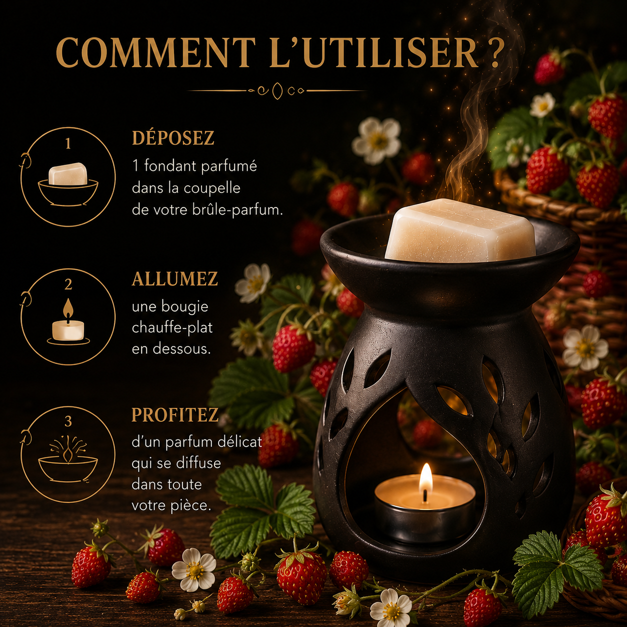 Fondant parfumé Fraise des bois Bakonette Bakougie utilisé avec un brûle-parfum