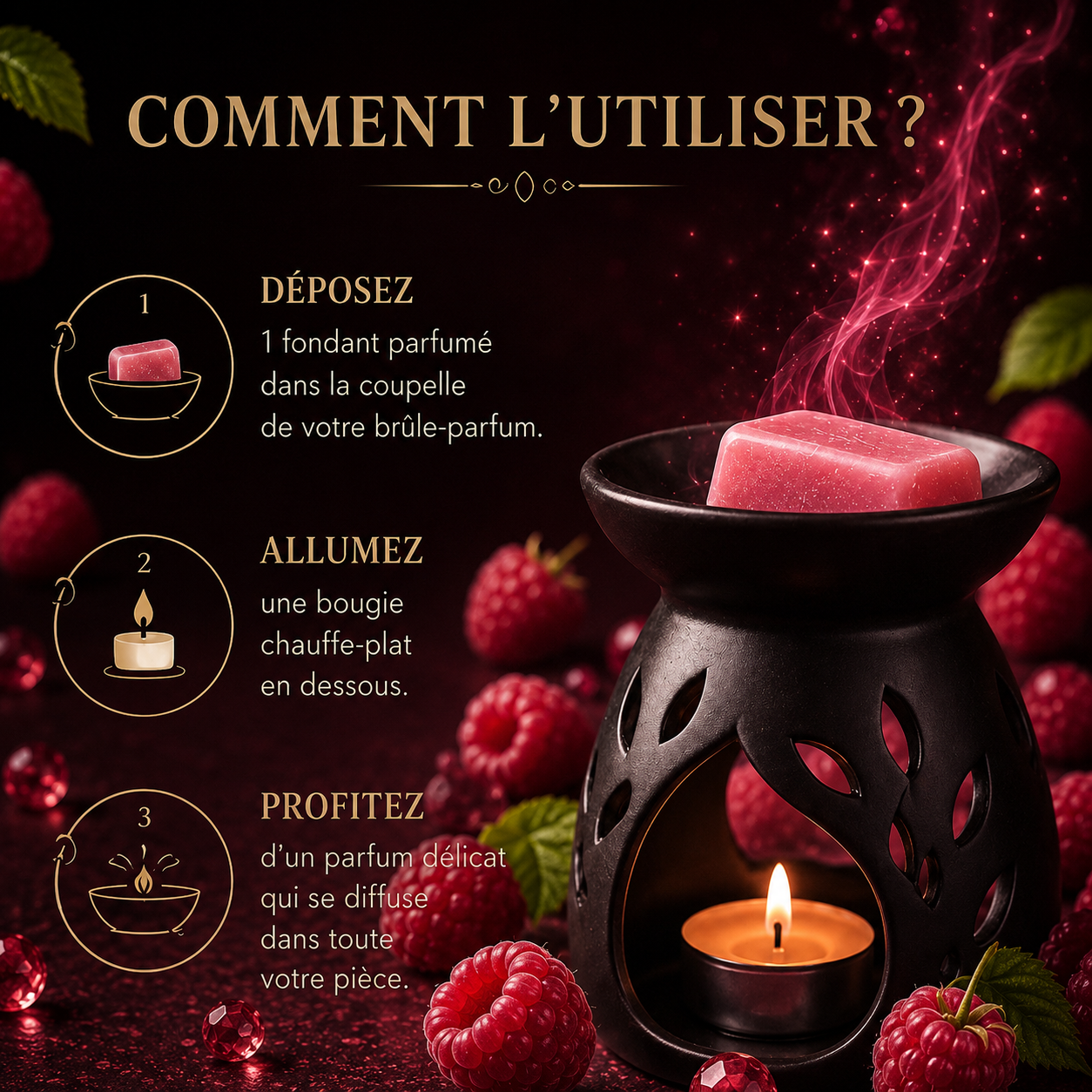 Fondant parfumé Framboise Bakonette Bakougie utilisé avec un brûle-parfum