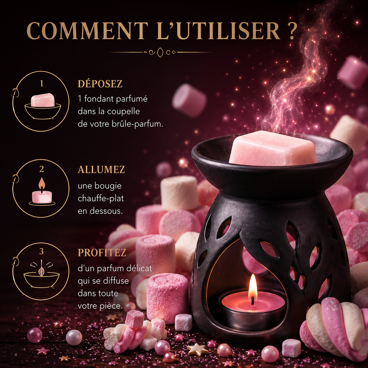 Fondant parfumé Guimauve Bakonette Bakougie utilisé avec un brûle-parfum
