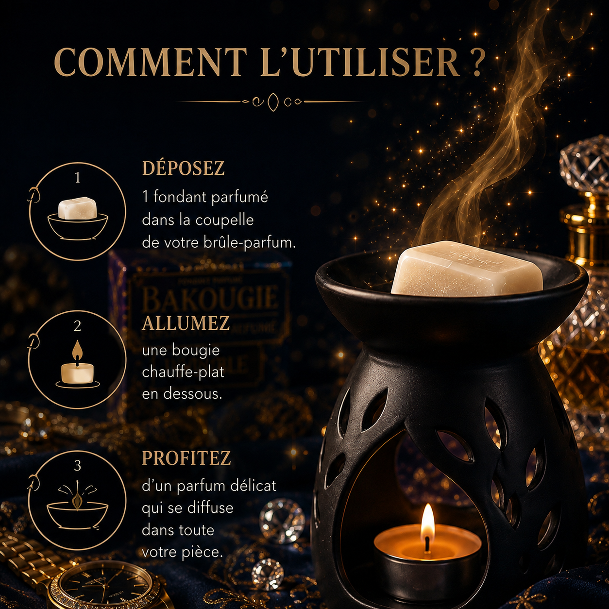 Fondant parfumé Invincible Bakonette de luxe Bakougie utilisé avec un brûle-parfum