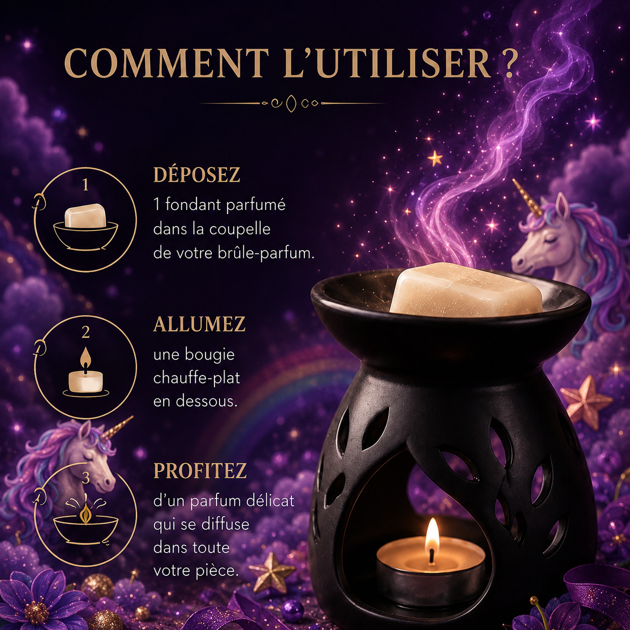 Fondant parfumé Licorne Bakonette Bakougie utilisé avec un brûle-parfum
