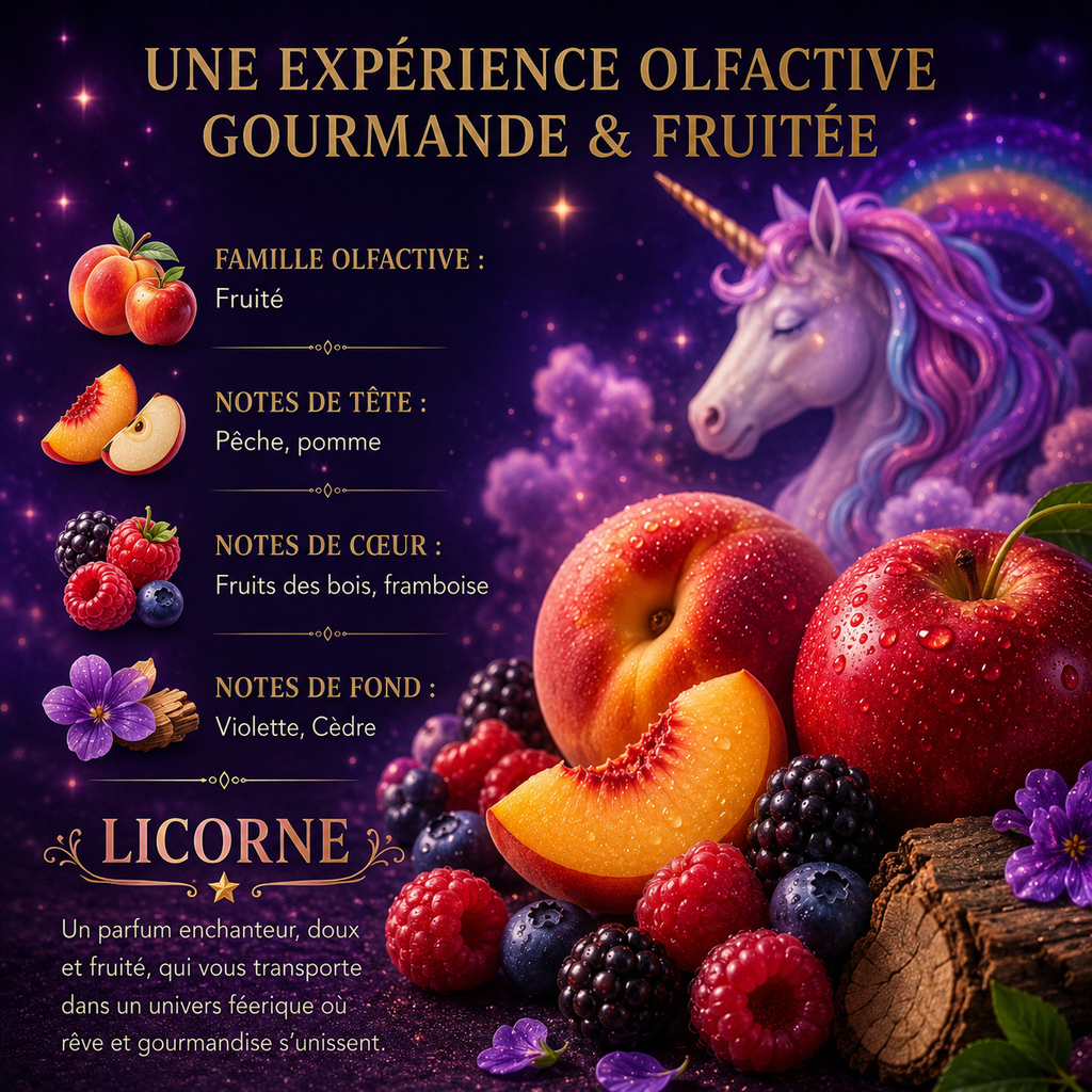 Fondant parfumé Licorne Bakonette Bakougie — notes de pêche, fruits rouges et violette