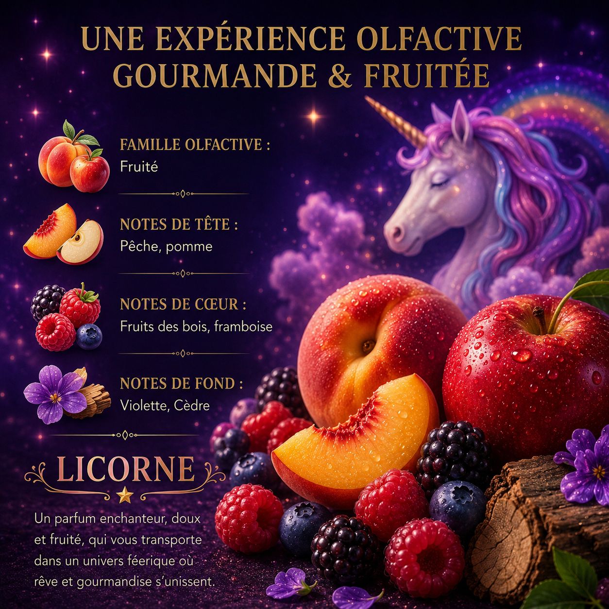 Fondant parfumé Licorne Bakonette Bakougie — notes de pêche, fruits rouges et violette