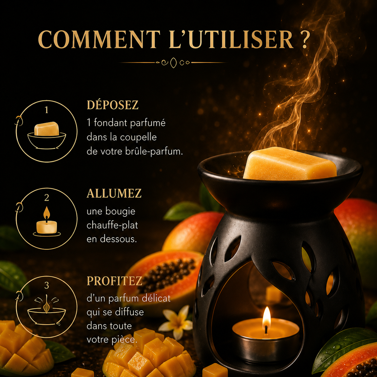 Fondant parfumé Mangue Papaye Bakonette Bakougie utilisé avec un brûle-parfum