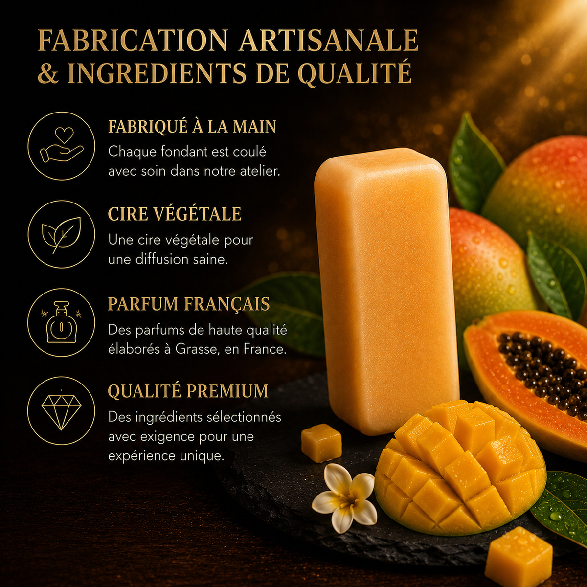 Fondant parfumé Mangue Papaye Bakonette Bakougie — notes de fruits tropicaux, framboise et caramel